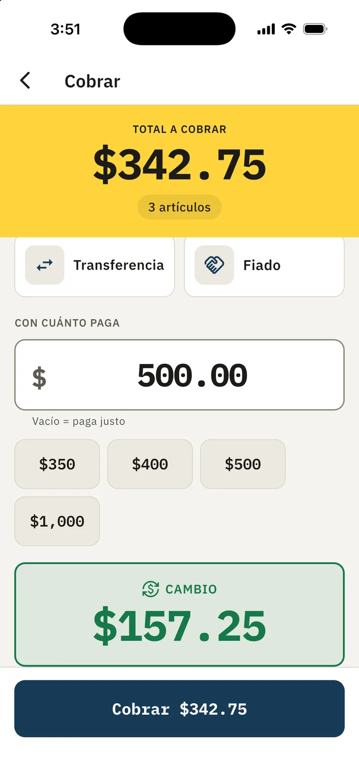 Cobro en efectivo: paga con $500 y el cambio es $157.25