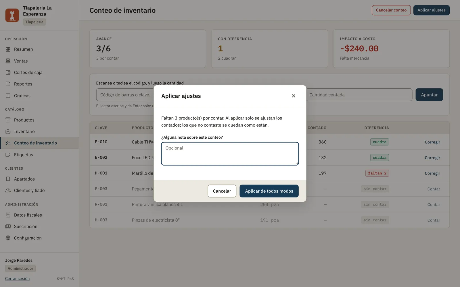 Conteo de inventario listo para aplicar los ajustes